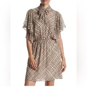 Max Studio Edit Plaid Tie-Neck Flutter Sleeve Dress in Beige